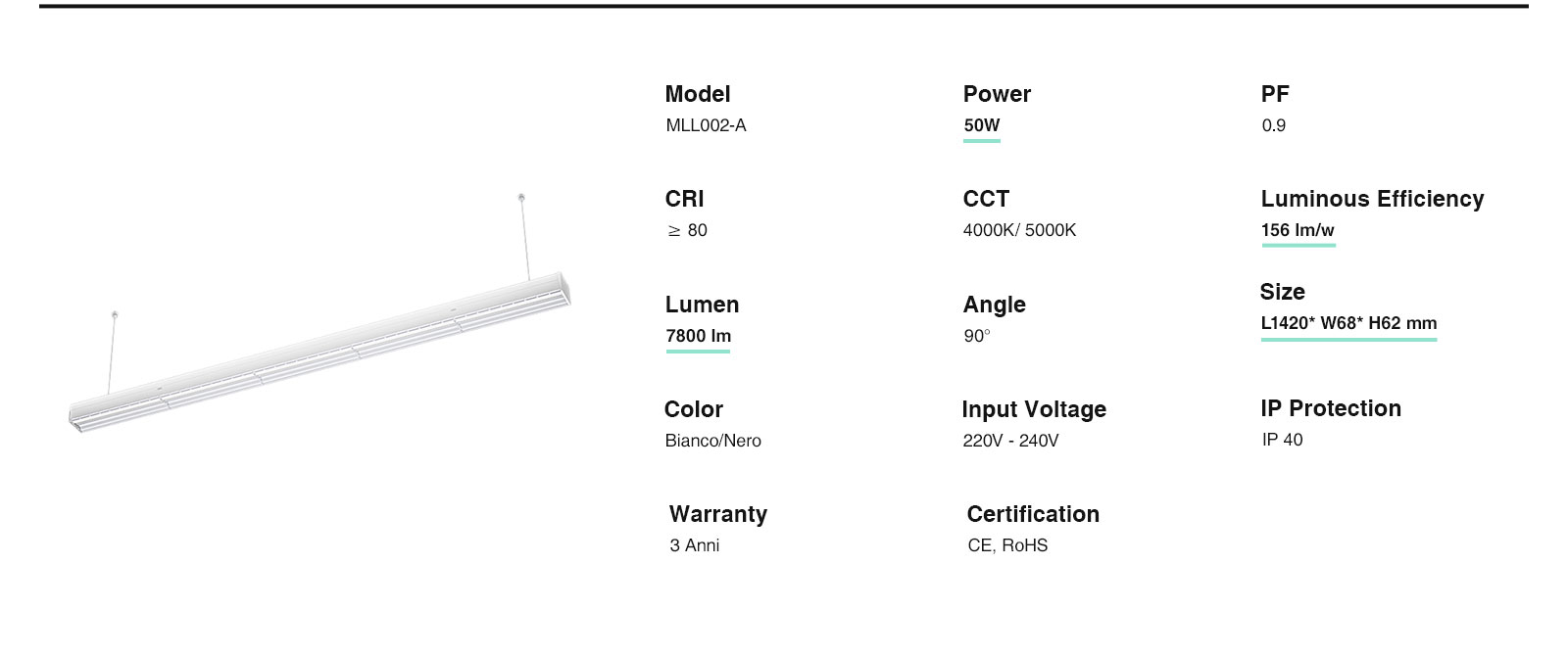 50W Noir LED L0110N 7800LM Angle Ultra-Large De 90˚ Froid 5000K MLL002-A KOSOOM-Luminaire Linéaire--ML00202
