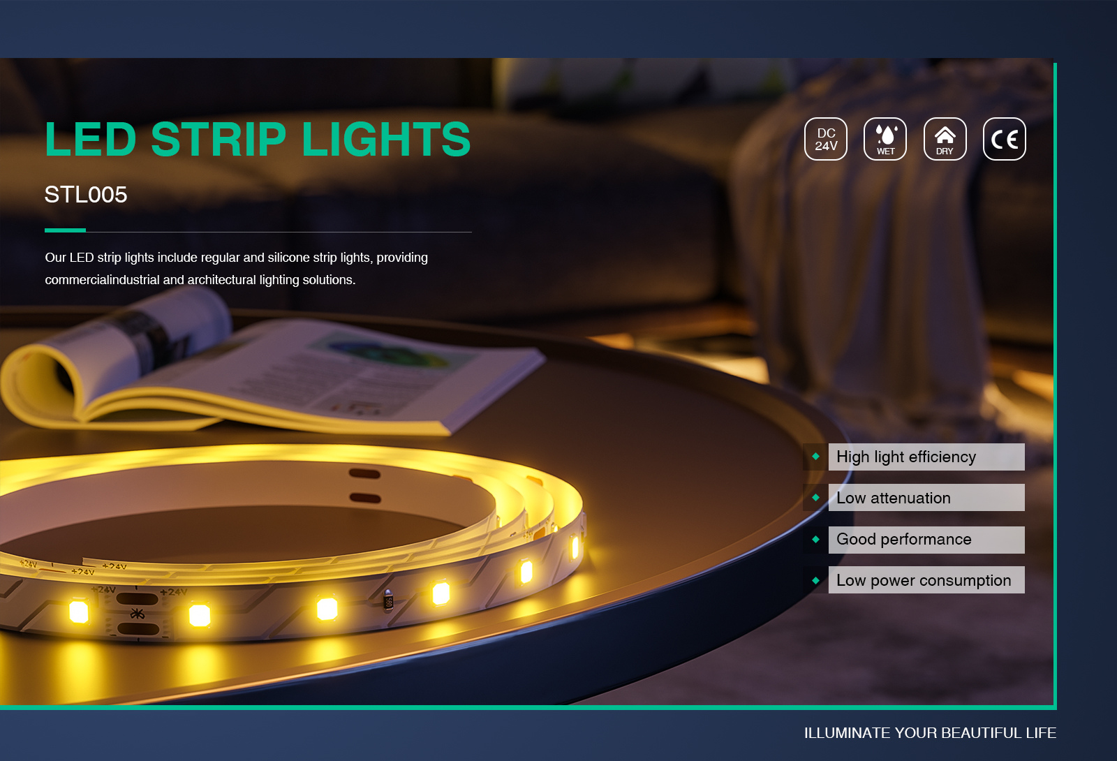 Bande lumineuse LED interne ,9W/m,3000K,IP44,880lm/m ,120LEDS,MT,120˚,CRI≥80,Élégant-Longue Ruban LED--01