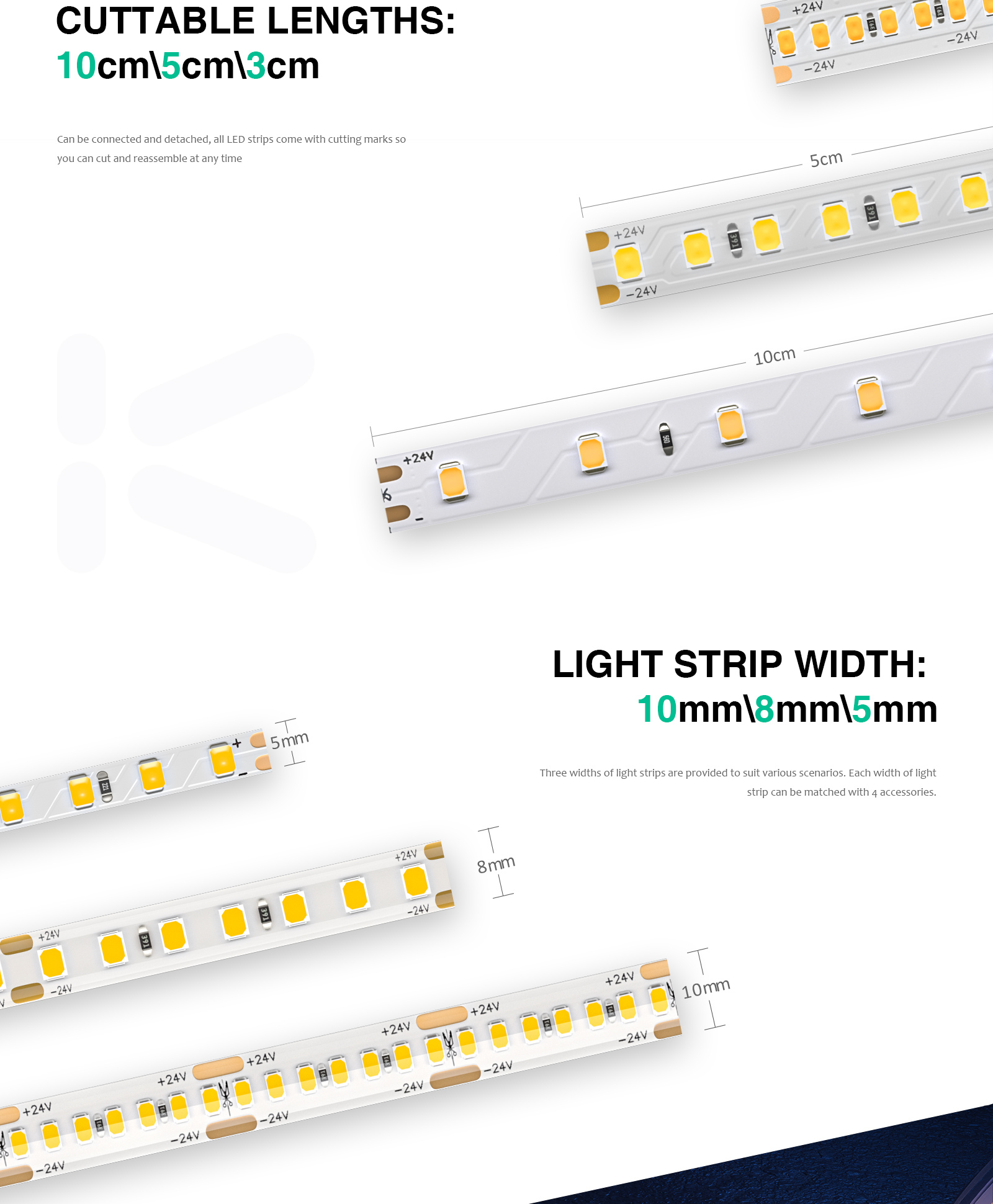 Ruban LED extérieur,IP65,DC24V,8W/m,3000K,984 lm/M,CRI≥80,Garanzia：3anni /L5000*W10*H4mm-Ruban LED--04