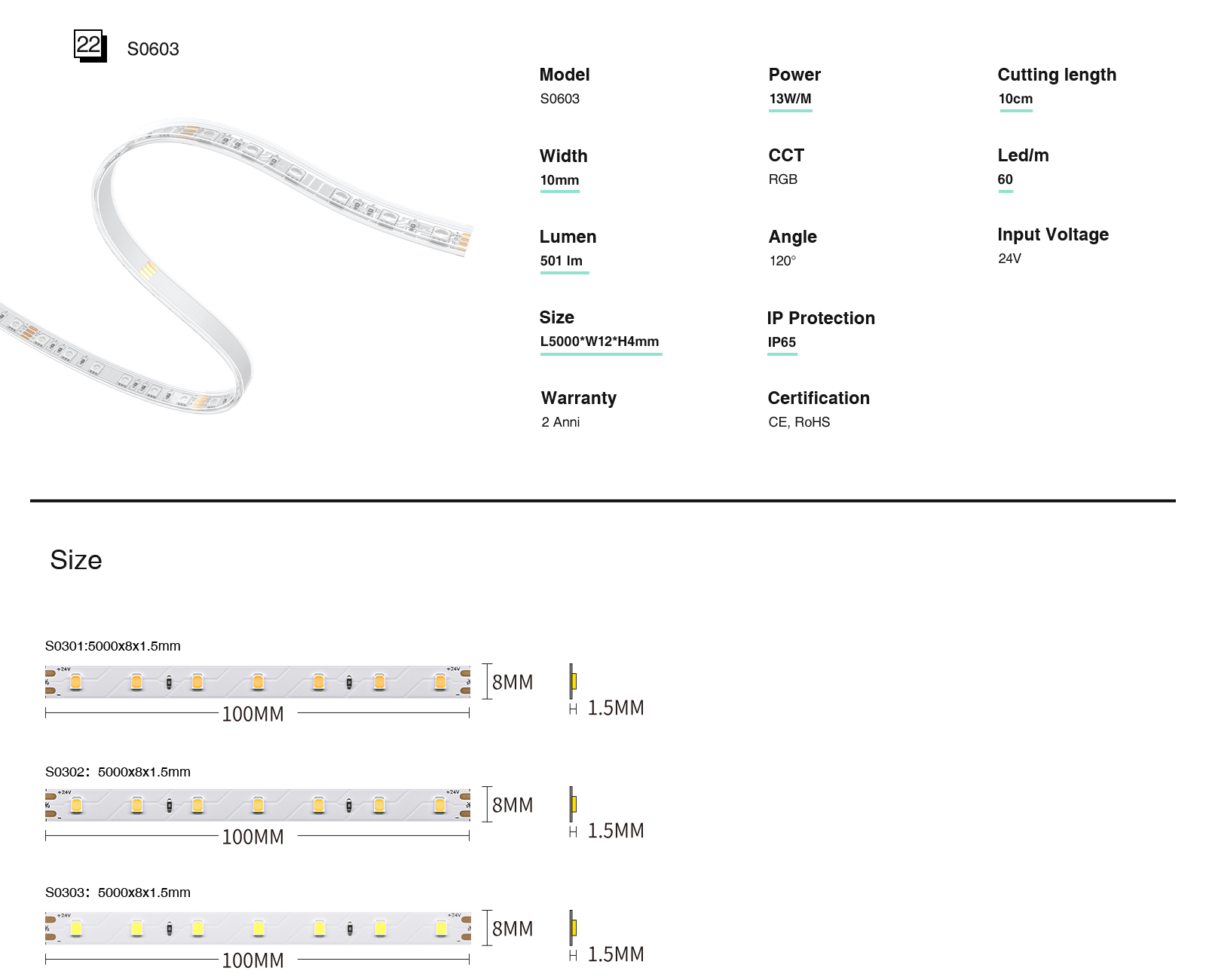 Ruban LED Blanc,IP20,DC24V,8W/m,4000K,984 lm/M,120LEDS,MT,120˚,CRI≥80, économiser de l'espace-Ruban LED--12